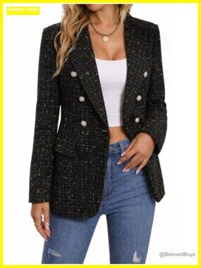 Tweed Blazer Plaid Jacket Business Casual Coat Relaxed Fit Notch Collar
